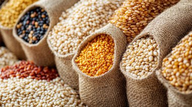 Çeşitli fasulye, mercimek ve nohut çeşitleri.