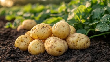 Bahçedeki organik patatesler. Kapatın.