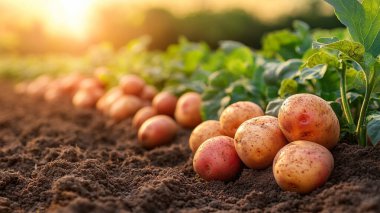 Gün batımında yerde taze patates. Seçici odaklanma. yiyecek