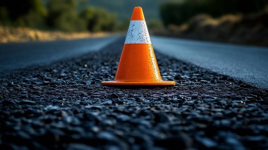 Asfaltta yol tabelası olan turuncu koni.