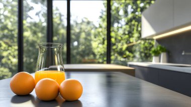 Ahşap masada cam bir kasede taze portakal suyu ve mutfak masasında yumurtalar. sağlıklı diyet kavramı.