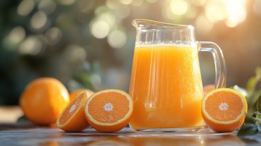 Ahşap bir masa üzerinde taze portakal suyu.