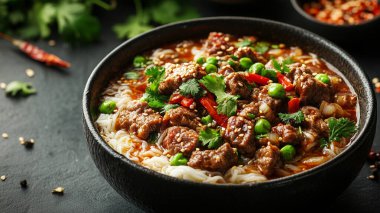 Biftek güveci ve koyu arkaplanda pilav.