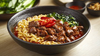 etli erişte, sebze ve et.