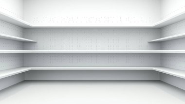 Beyaz duvarları ve rafları olan boş raflar