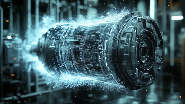 Mavi hologram ve 3D görüntüleme ile gelecekçi endüstriyel makine arka planı