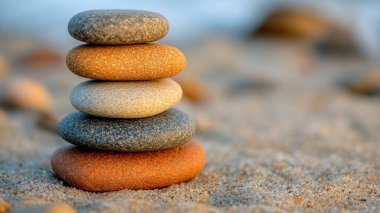 Kumsaldaki kumsalda akşam ışığında taş yığını.