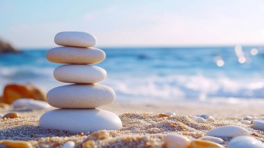 Sahildeki sahilde taş yığını