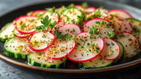 Salatalık, turp, soğan ve dereotlu salata.