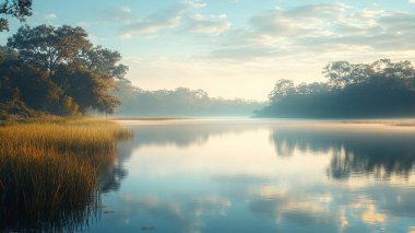 Gölün üzerinde sisli güzel bir gün doğumu.