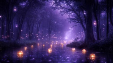 Havuzu ve parlayan ışığı olan sihirli bir orman..