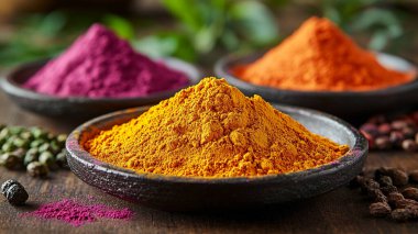 Masadaki ahşap kaselerde farklı baharatlar, yakın plan.