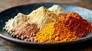 Farklı baharatlar ve otlar ahşap arka plan üzerinde. Üstten Görünüm