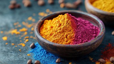 Koyu arkaplandaki kaselerde çeşitli Hint tozları, yakın görüş