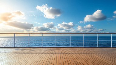 Güneşli bir sabahta yolcu gemisinin boş ahşap güvertesi.