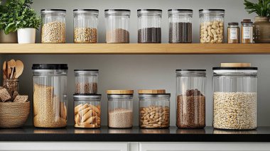 Kapalı alandaki raflardaki kavanozlarda farklı yiyecekler. Metin için boşluk