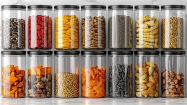 Farklı mısır gevrekleri olan cam kavanozlar.