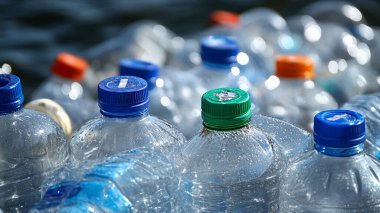 Plastik bir şişenin arka planında su ve diğer şişeler olan plastik şişeler..