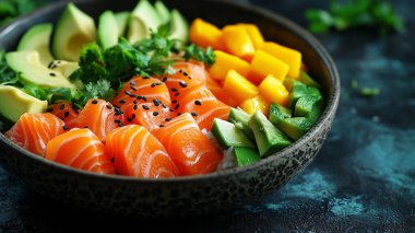 somon, avokado, somon, kırmızı havyar, somonlu avokado, susam tohumu, somon, avokado, siyah tabakta avokado, siyah arka plan.