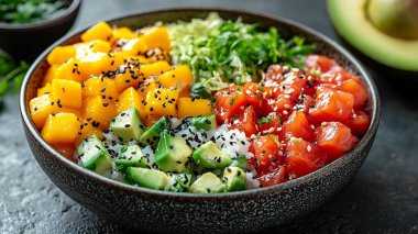 Taze somon, avokado, salatalık, kırmızı susam, susam, susam ve gri arka planda susam tohumlu sağlıklı salata.