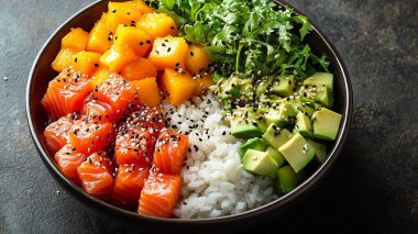 Pilav, avokado, somon, salatalık, susam, susam ve susam tohumlu taze somon salatası. sağlıklı yiyecekler.