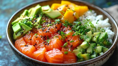 Avokado ve pirinçli taze somon salatası.