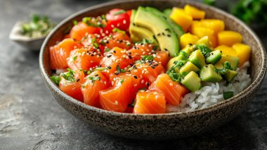 Avokado, somon, avokado, susam, susam, avokado, domates ve susam tohumlu bir kase taze salata. Sağlıklı yemek. vejetaryen yemeği