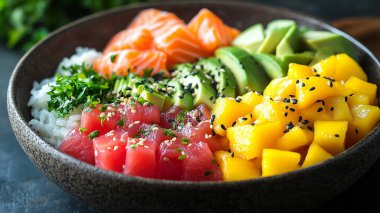 Japon yemeği, avokado ve pilavlı taze somon, salata, avokado, salatalık, somon, susam ve avokado.