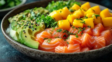 Sağlıklı yemek, salata ve sebzeli taze somon..