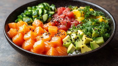 Somon, somon, avokado ve somon salatalı Japon yemeği..