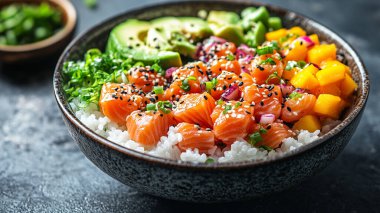 Sağlıklı Japon yemekleri. pirinç, salata, sebze, avokado, somon, somon