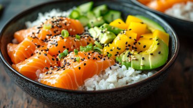 Somon, salatalık, pirinç, somon, susam ve soya soslu Japon suşi kasesi.