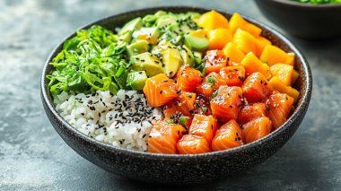 Taze salata kasesi somon, avokado, susam tohumu ve susam tohumu. sağlıklı yiyecekler