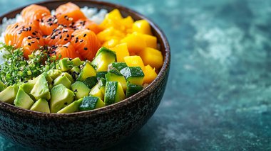 Sağlıklı ve vejetaryen avokado, mango, avokado, avokado ve susam tohumları, susam tohumları, susam tohumları, sağlıklı.