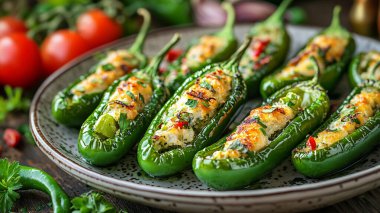 Et, pirinç, peynir, sebze ve bitkilerle doldurulmuş yeşil biber. Geleneksel Türk yemekleri. Geleneksel Türk yemekleri.