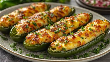 Peynirli biber ve et, pirinç, sebze ve baharat.