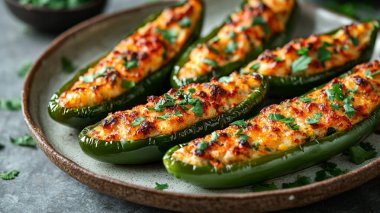 Peynirli fırında biber ve tabakta otlar..