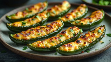 Yeşil sosa doldurulmuş fırında biber, bitkiler ve peynir.