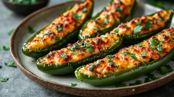 Peynirli fırında biber ve tabakta otlar..