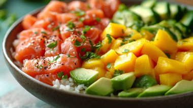 Avokado ve karidesli bir kase lezzetli pirinç, yakın plan.