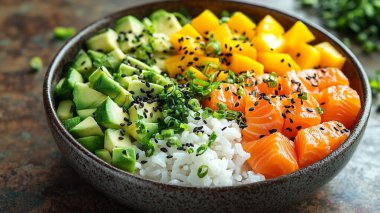 Lezzetli pilav, somon, avokado.