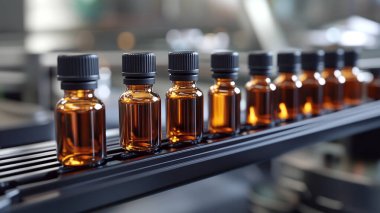 Fabrikada gerekli yağı içeren şişeler.