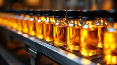 Bir sıra biralı cam şişeler