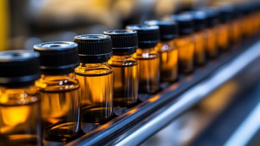 Arka planda, kimyasal bir sıvının arka planında gerekli yağ şişeleri var..