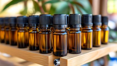 Tahta bir masada cam kavanozlarda küçük şişe cbd gerekli şişeler.