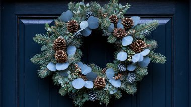 Karanlık bir arka planda köknar ağacıyla Noel çelengi.