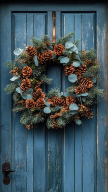 Ahşap kapılı Noel çelengi mavi kapılı.