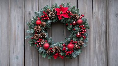 Çam kozalaklı Noel çelengi ve ahşap duvarda çobanpüskülü