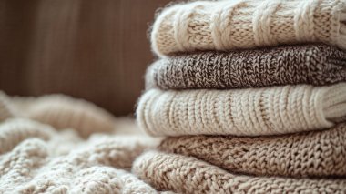 Sıcak kazaklar ve kalın kazaklar bir kazak yığınının üzerinde. Sıcak kışlık kıyafetler..