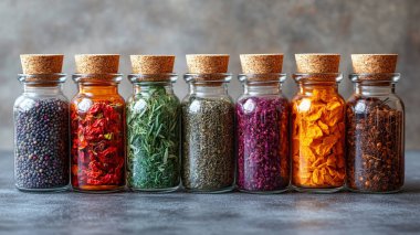 Ahşap masadaki kavanozlarda renkli baharatlar